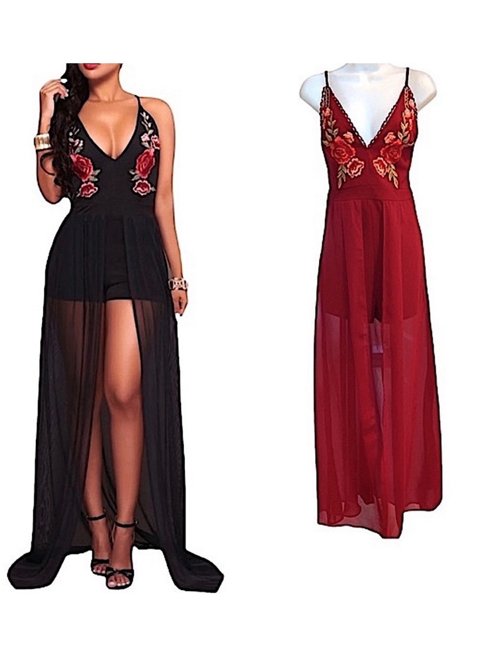 Privy Floral Embroidered Plunge Neck Maxi Skirt Romper Red Formal Sexy Evening